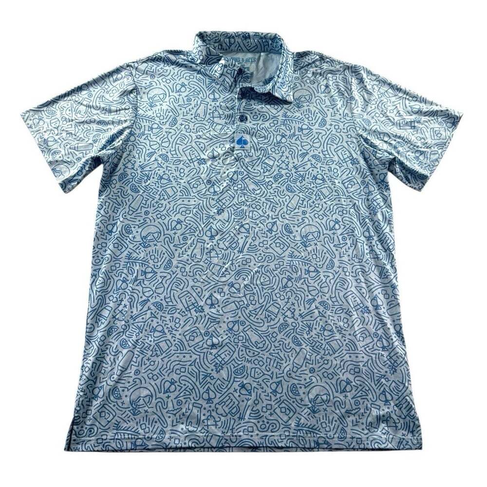 Pins & Aces Golf Polo Shirt Mens L Doodle Pattern Blue Short Sleeve Performance